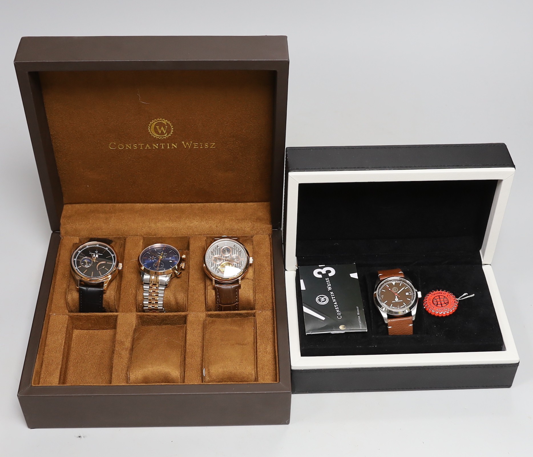 Four gentleman's assorted modern gilt metal or two tone Constantin Weisz wrist watches, including chronograph and self-winding.